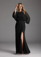 Formal Black Mother of the Bride Dresses with Sheer Sleeves Ruched High Waist Side Slit and Flowy Maxi Silhouette