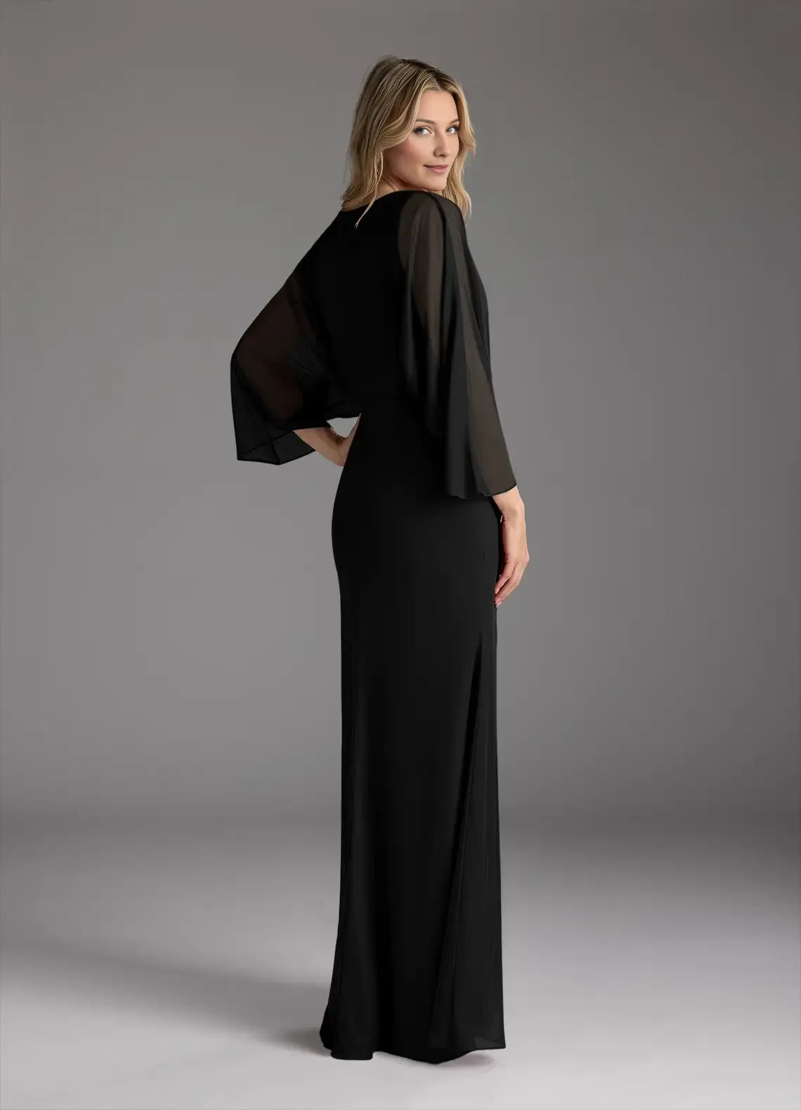 Formal Black Mother of the Bride Dresses with Sheer Sleeves Ruched High Waist Side Slit and Flowy Maxi Silhouette