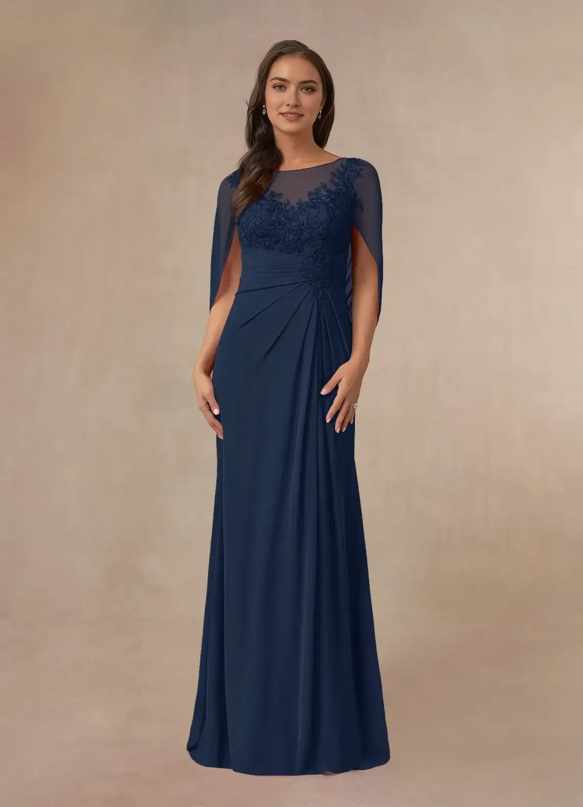 Formal Dark Navy A-Line Lace Capelet Chiffon Mother of the Bride Dresses Trendy the Bodice  for sale