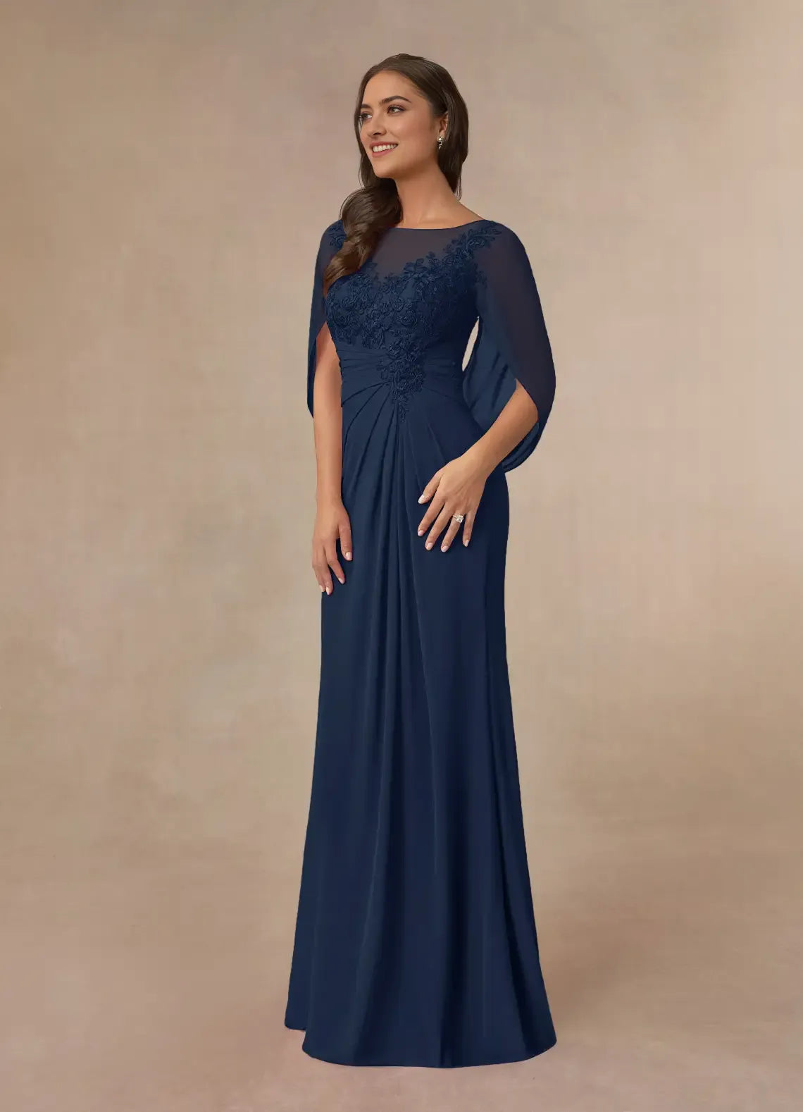 Formal Dark Navy A-Line Lace Capelet Chiffon Mother of the Bride Dresses Trendy the Bodice  for sale