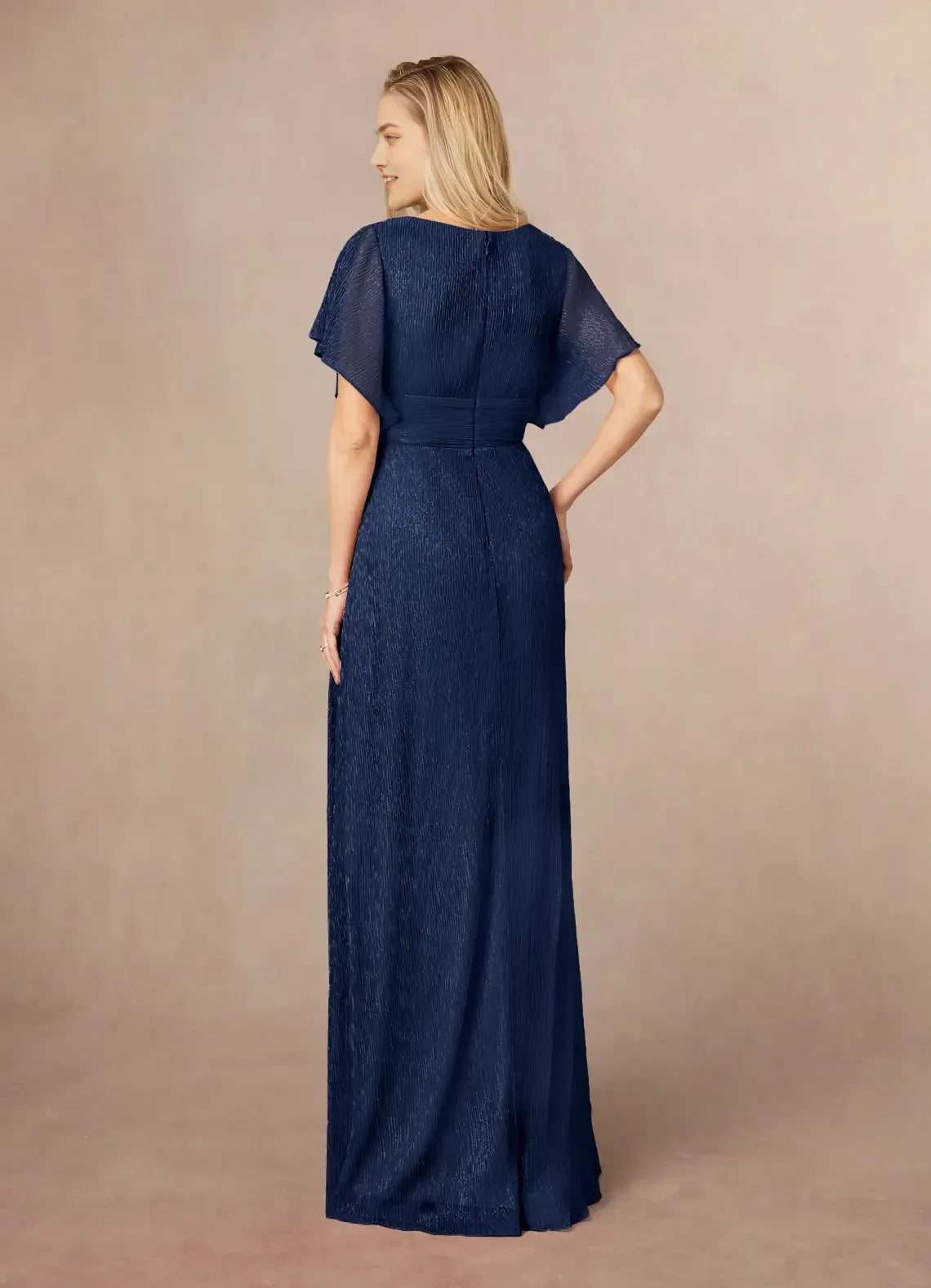 Formal Dark Navy A-Line V-Neck Flutter Sleeve Metallic Mesh Mother of the Bride Dress Elegant Choice for Hot Sale