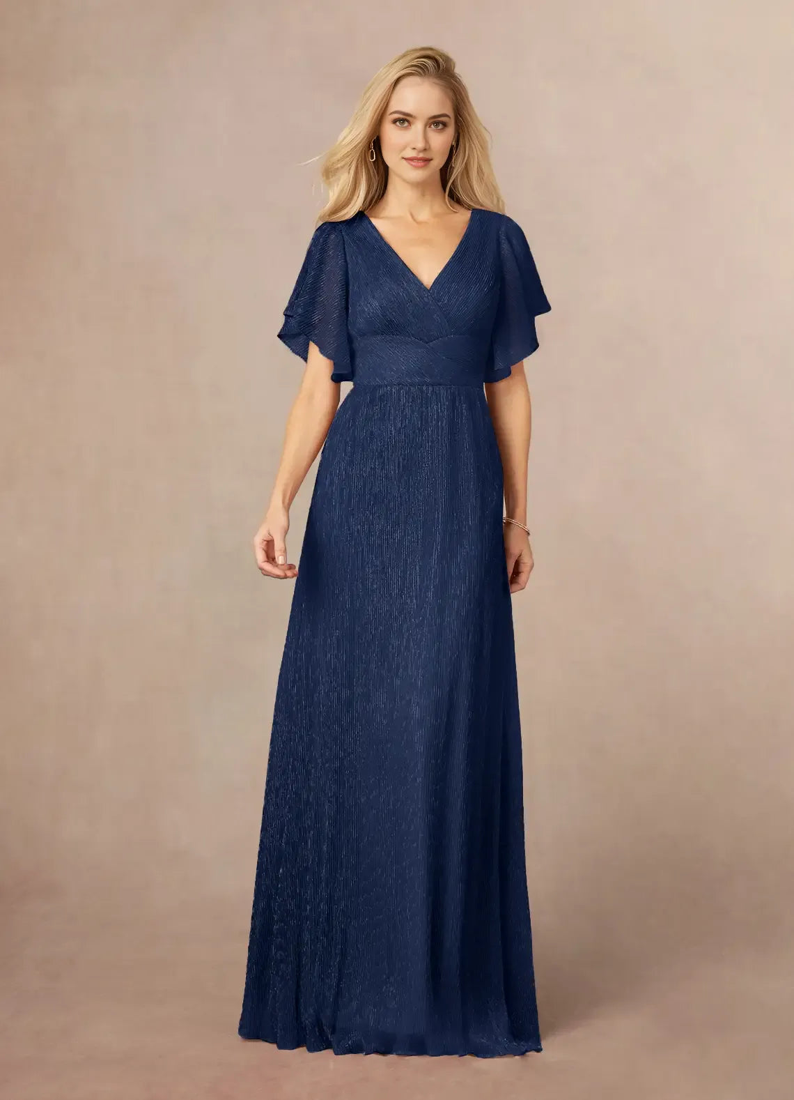 Formal Dark Navy A-Line V-Neck Flutter Sleeve Metallic Mesh Mother of the Bride Dress Elegant Choice for Hot Sale