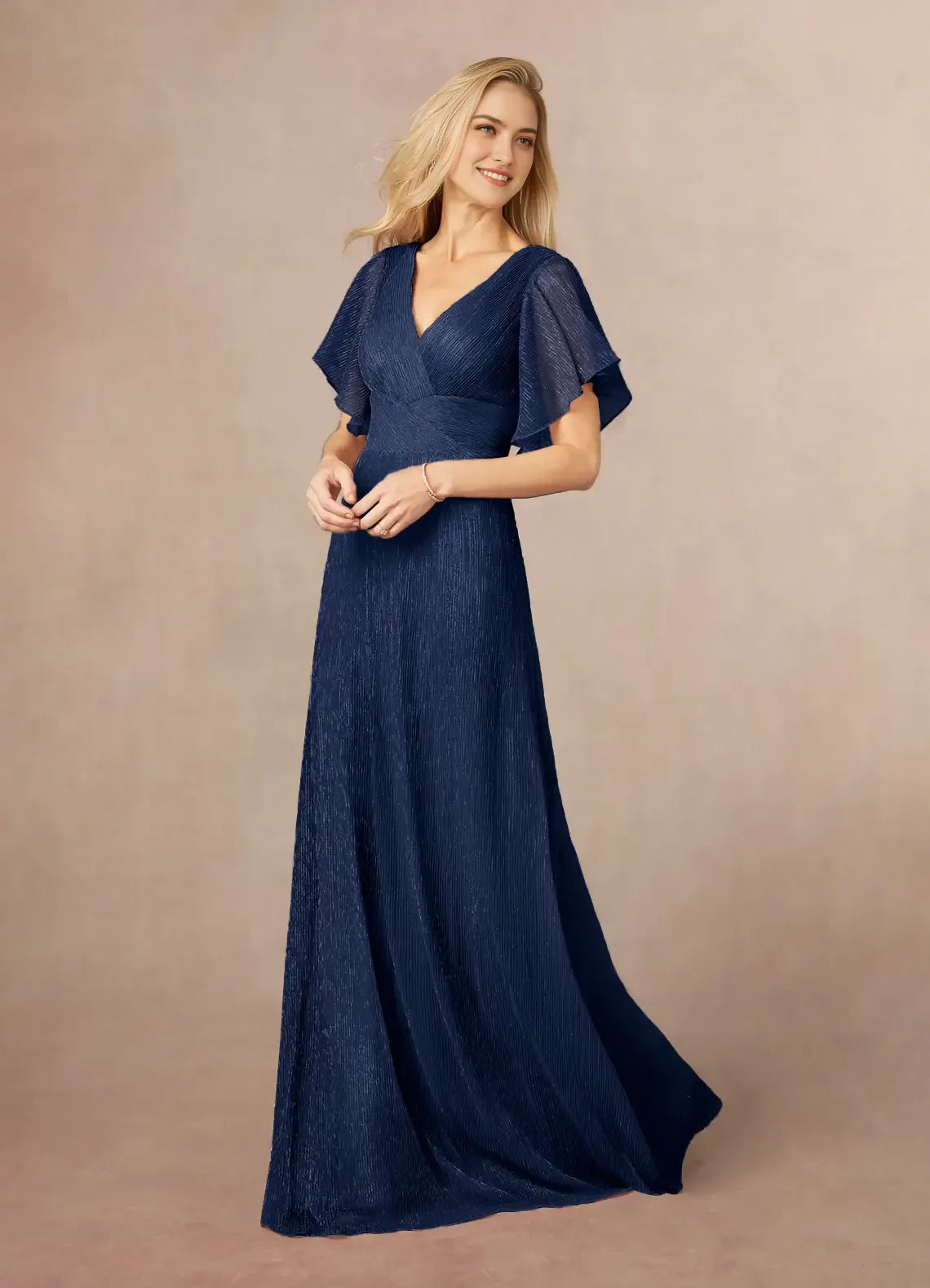 Formal Dark Navy A-Line V-Neck Flutter Sleeve Metallic Mesh Mother of the Bride Dress Elegant Choice for Hot Sale