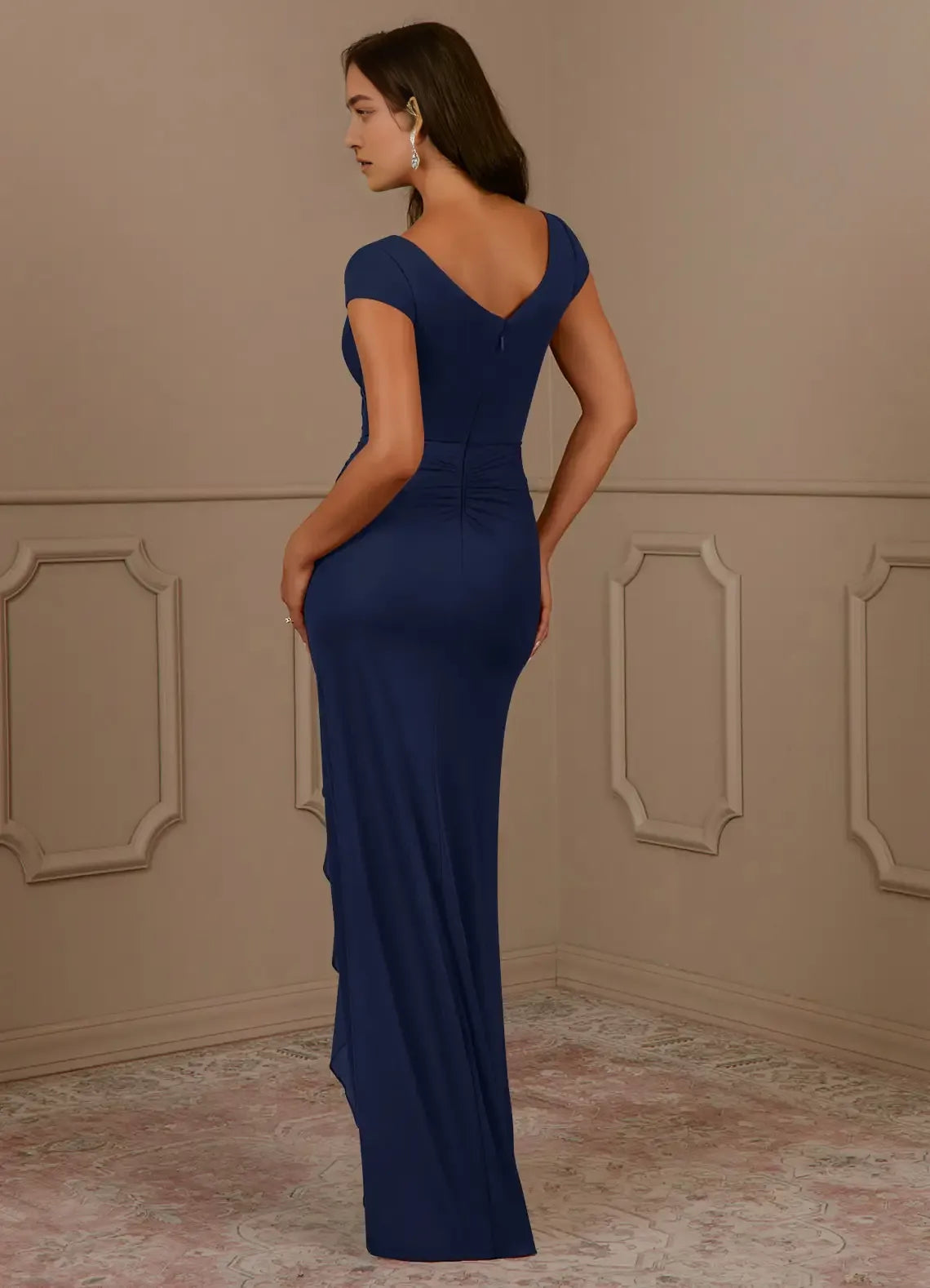 Formal Dark Navy Mermaid V-Neck Pleated Mother of the Bride Dresses Cap Sleeves Ruched Details High Slit Skirt