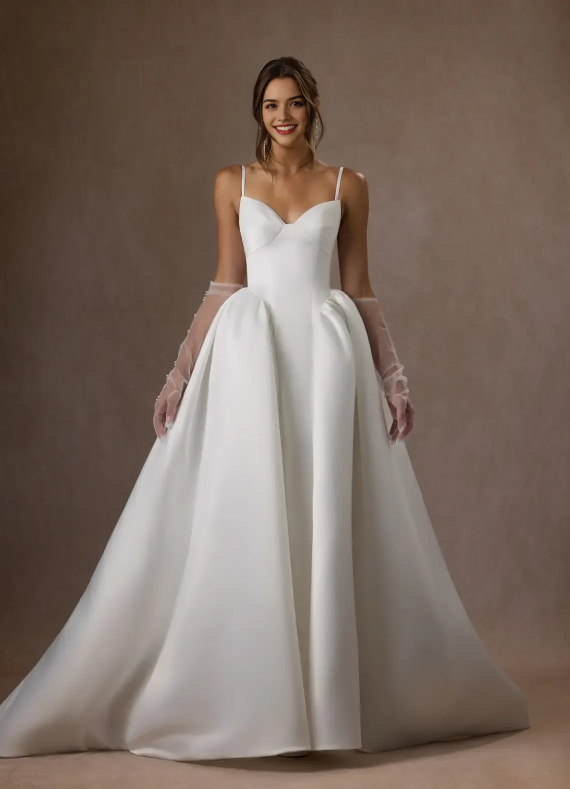 Formal Minimalist Strapless Wedding Dress Satin Ball Gown Structured Bodice Voluminous Skirt Train Perfect for Timeless Elegant Weddings