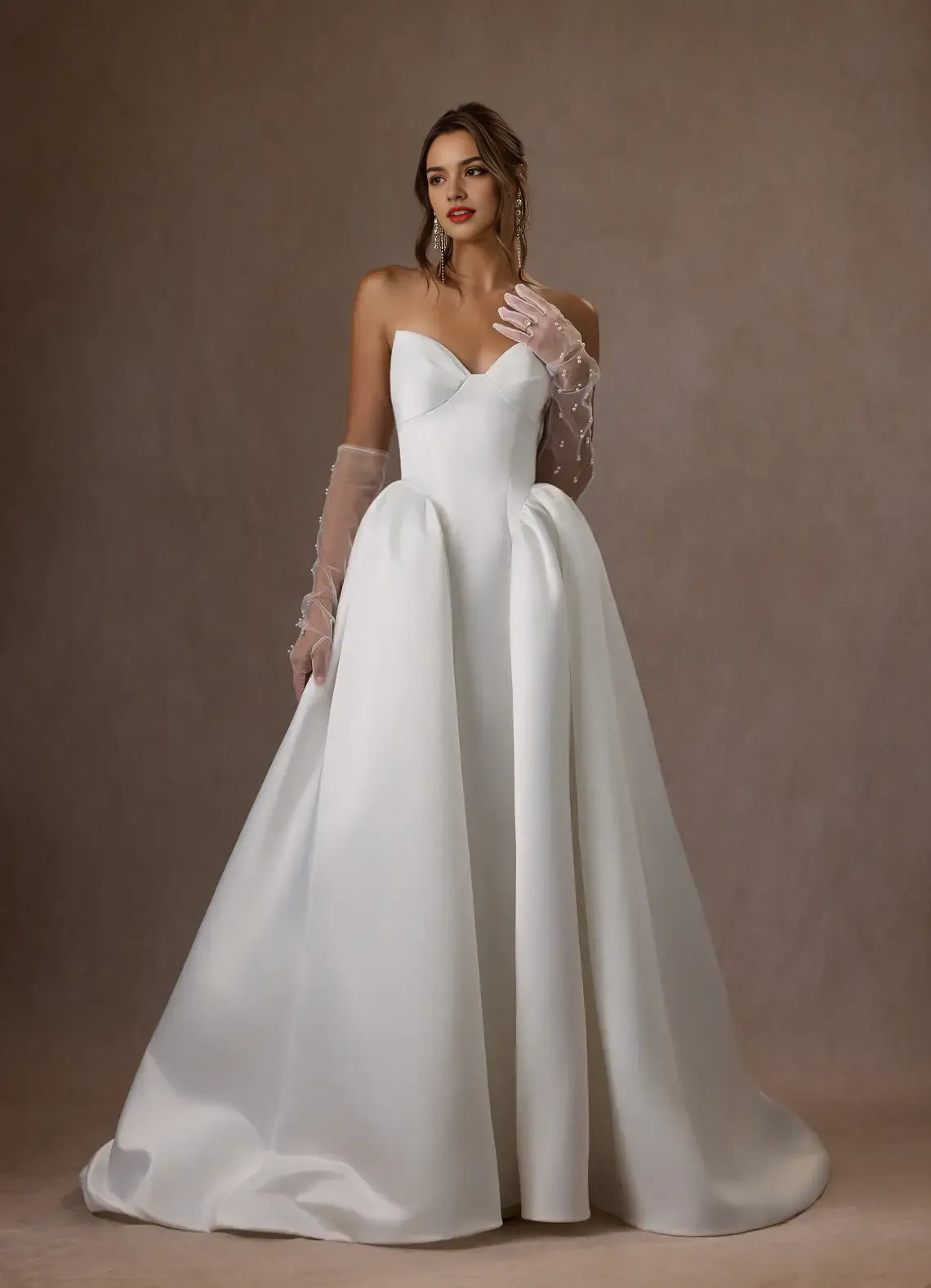 Formal Minimalist Strapless Wedding Dress Satin Ball Gown Structured Bodice Voluminous Skirt Train Perfect for Timeless Elegant Weddings