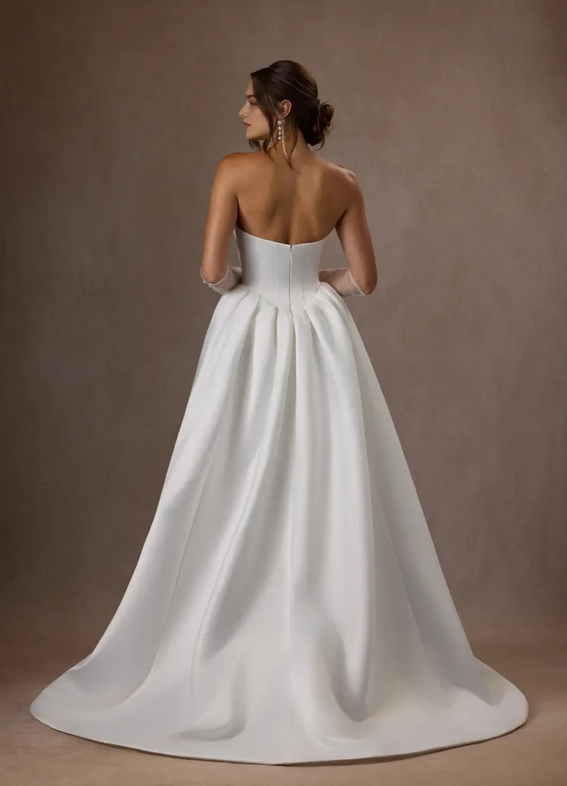 Formal Minimalist Strapless Wedding Dress Satin Ball Gown Structured Bodice Voluminous Skirt Train Perfect for Timeless Elegant Weddings