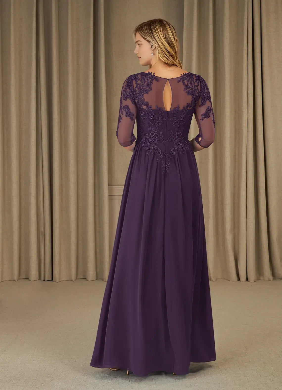 Formal Plum A-Line Scoop Lace with Lace Embroidered Bodice Sheer 3/4 Sleeves  Flowy Chiffon Skirt