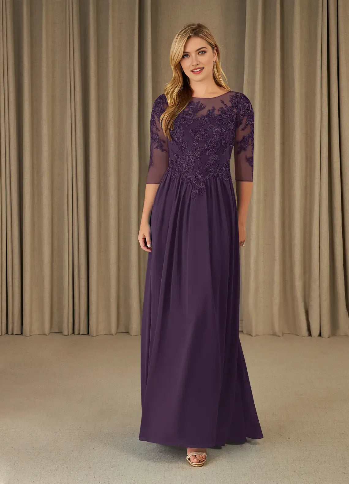 Formal Plum A-Line Scoop Lace with Lace Embroidered Bodice Sheer 3/4 Sleeves  Flowy Chiffon Skirt