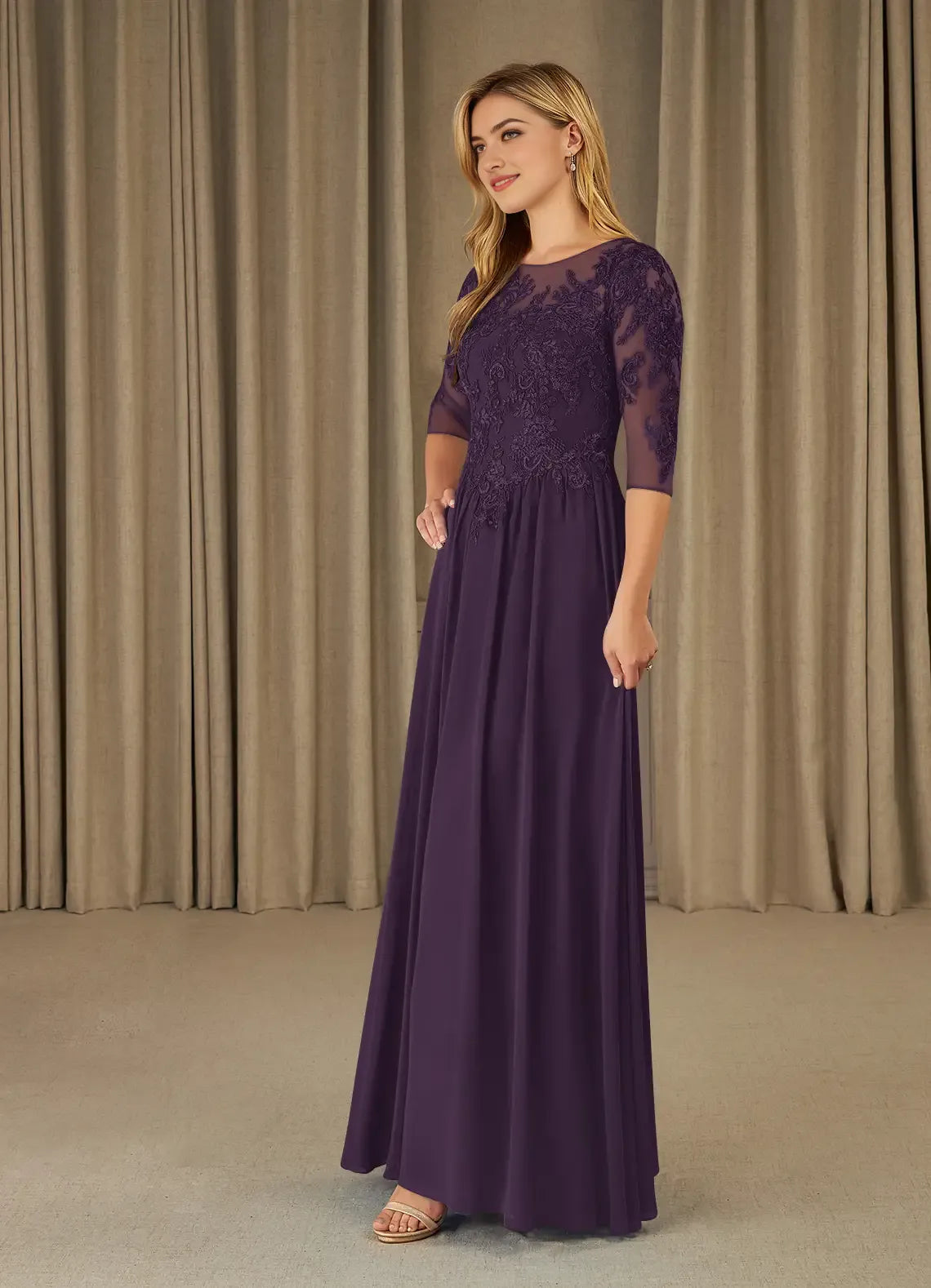 Formal Plum A-Line Scoop Lace with Lace Embroidered Bodice Sheer 3/4 Sleeves  Flowy Chiffon Skirt