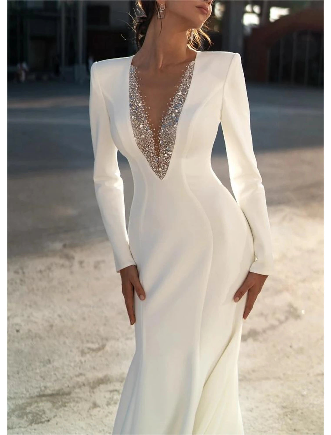 Formal Wedding Dresses Mermaid V Neck Long Sleeve Sweep / Brush Train Chiffon Bridal Gowns With Beading Solid Color  ﻿