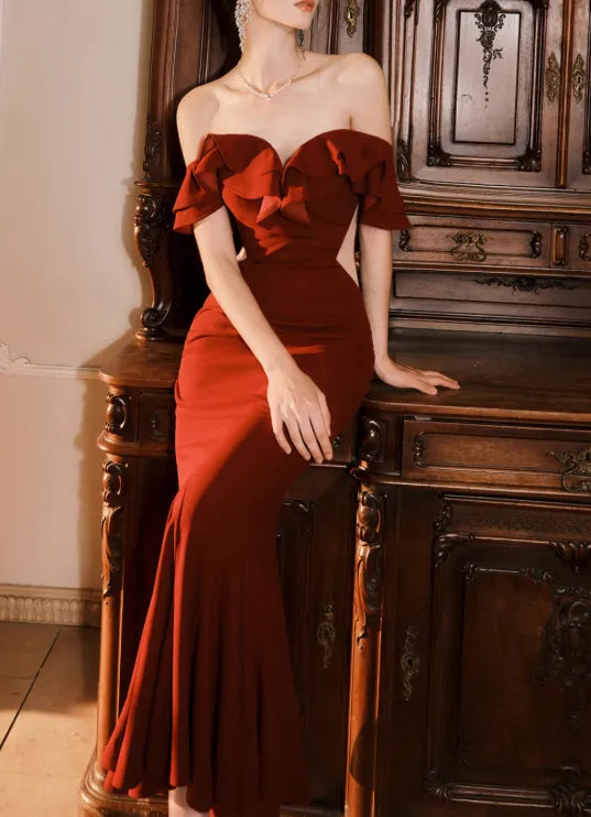 French Burgundy Off-the-shoulder Fishtail Dress Slim Fit Party Dress
