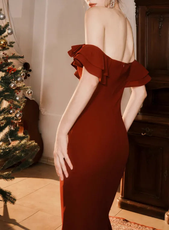 French Burgundy Off-the-shoulder Fishtail Dress Slim Fit Party Dress