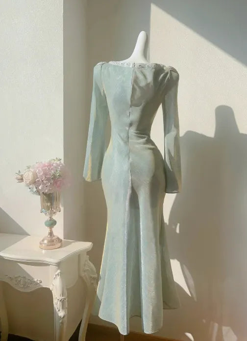 French Square Neck Bubble Long Sleeve Dress Fishtail Dress Party Dress