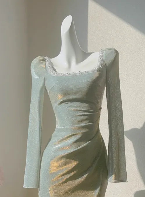 French Square Neck Bubble Long Sleeve Dress Fishtail Dress Party Dress