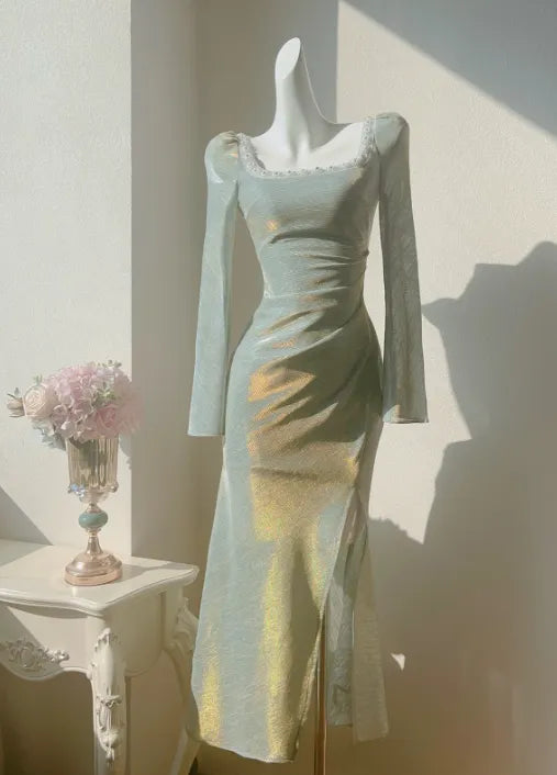 French Square Neck Bubble Long Sleeve Dress Fishtail Dress Party Dress