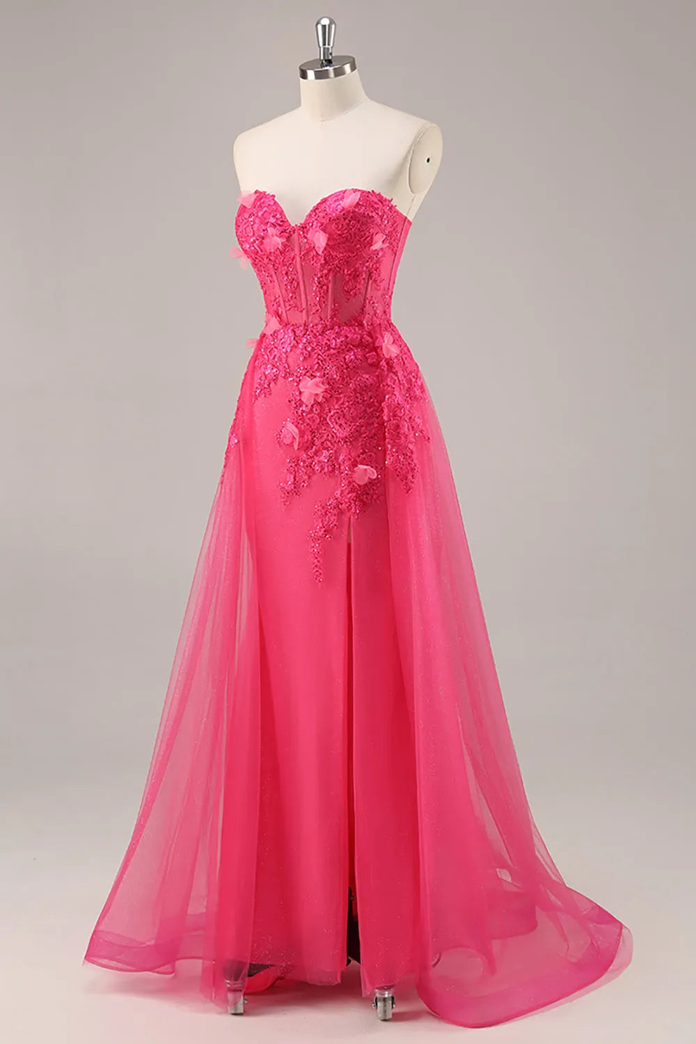 Fuchsia Floral Corset Sweetheart Tulle Long Prom Dress with Slit