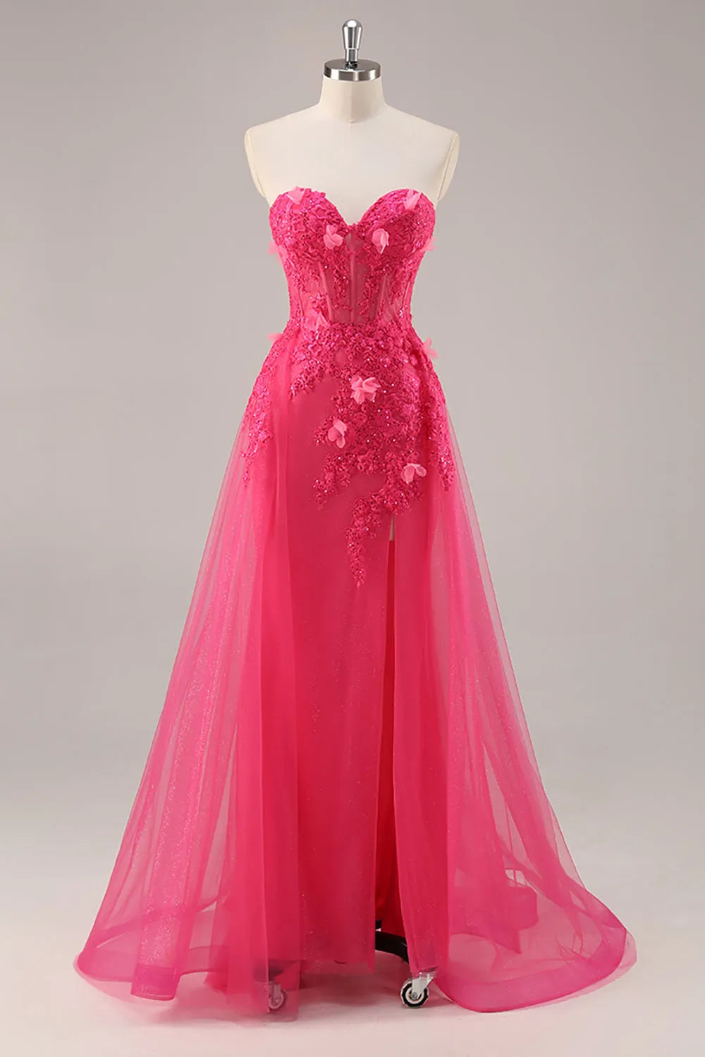 Fuchsia Floral Corset Sweetheart Tulle Long Prom Dress with Slit