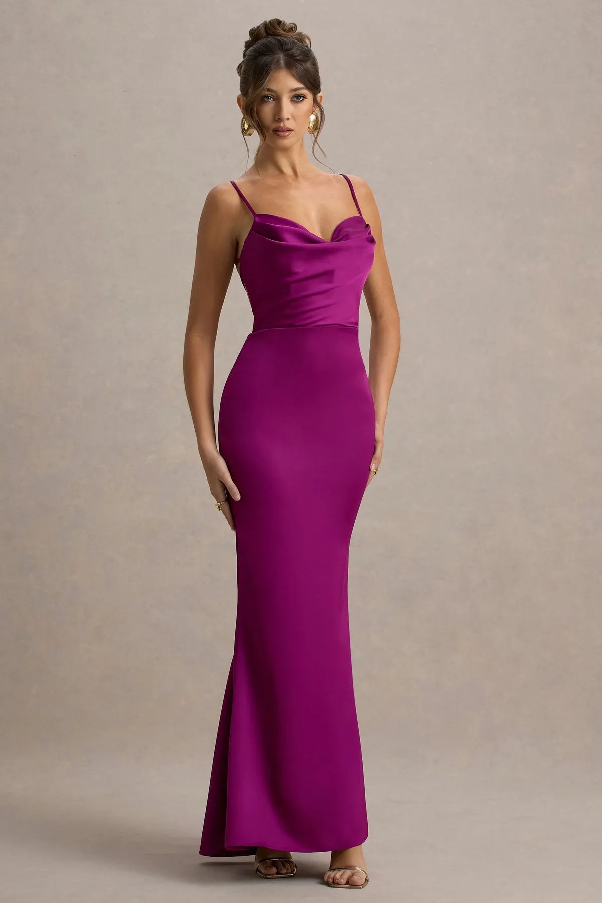 Fuchsia Satin Prom Dress with Cowl Neckline Spaghetti Straps  Body  Hugging Maxi Silhouette for Sophisticated Occasions