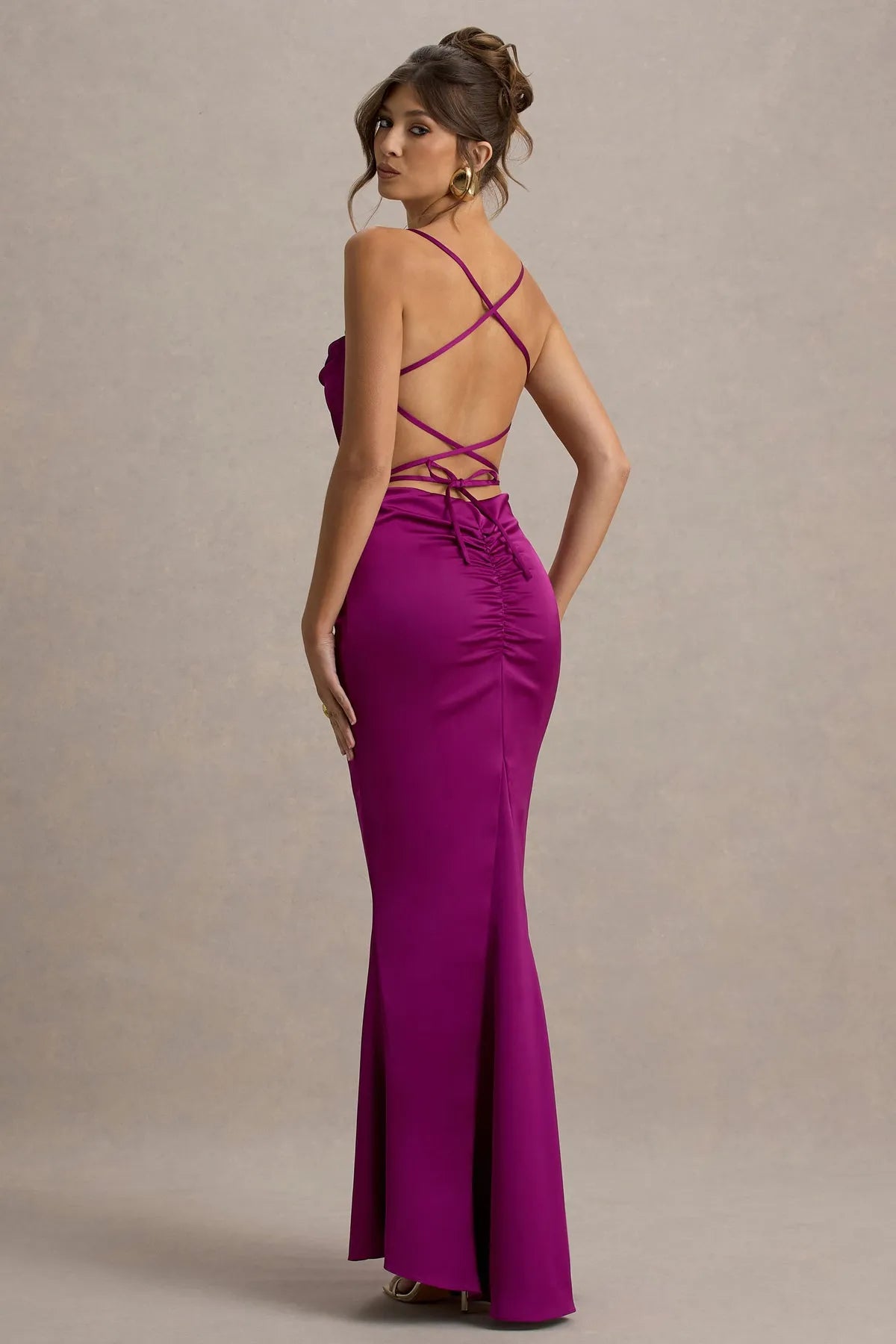 Fuchsia Satin Prom Dress with Cowl Neckline Spaghetti Straps  Body  Hugging Maxi Silhouette for Sophisticated Occasions