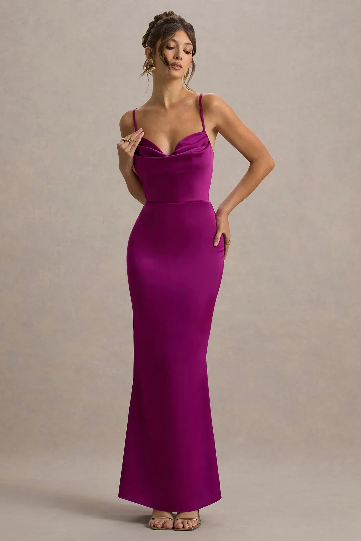 Fuchsia Satin Prom Dress with Cowl Neckline Spaghetti Straps  Body  Hugging Maxi Silhouette for Sophisticated Occasions