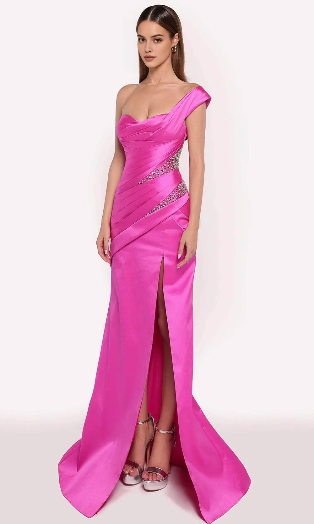 Glamorous Fuchsia Satin One - Shoulder Evening Dresses with Draped Bodice Crystal Embellishments and High Side Slit  A Showstopper for Red Carpet Events Formal Galas and Luxury