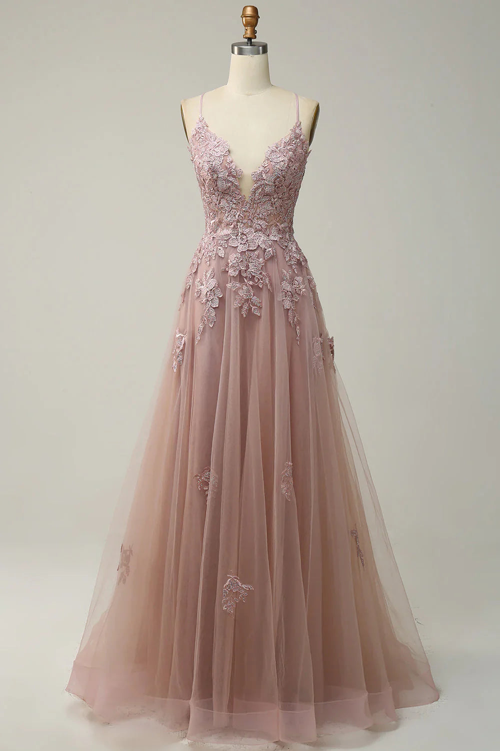 DingJiDress Blush A Line Wedding Guest Dresses Spaghetti Straps Long Prom Dress with Appliques