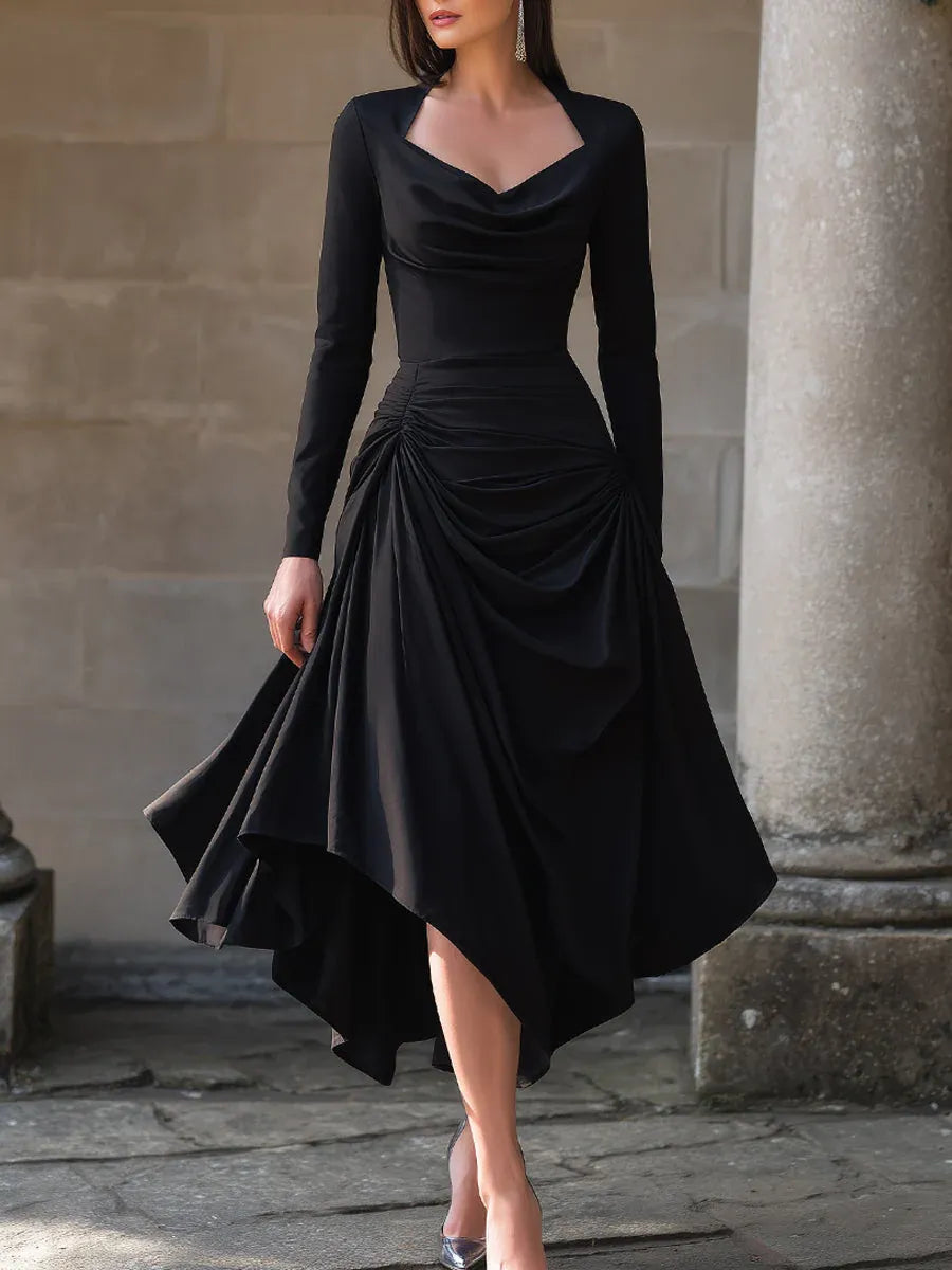 Glamorous A-Line Cowl Neck Long Sleeve Ruched Black Midi Prom Dresses With Asymmetrical Hem