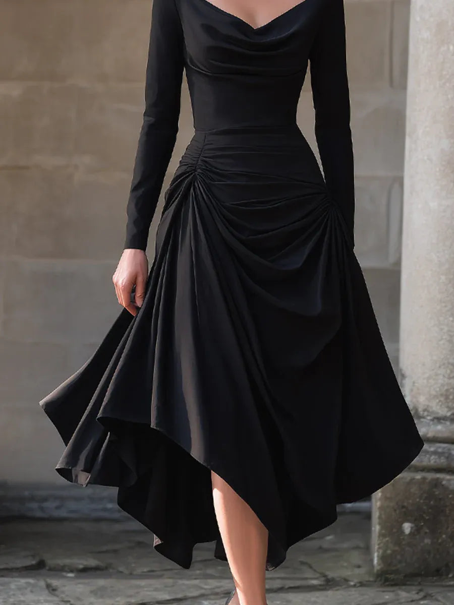 Glamorous A-Line Cowl Neck Long Sleeve Ruched Black Midi Prom Dresses With Asymmetrical Hem
