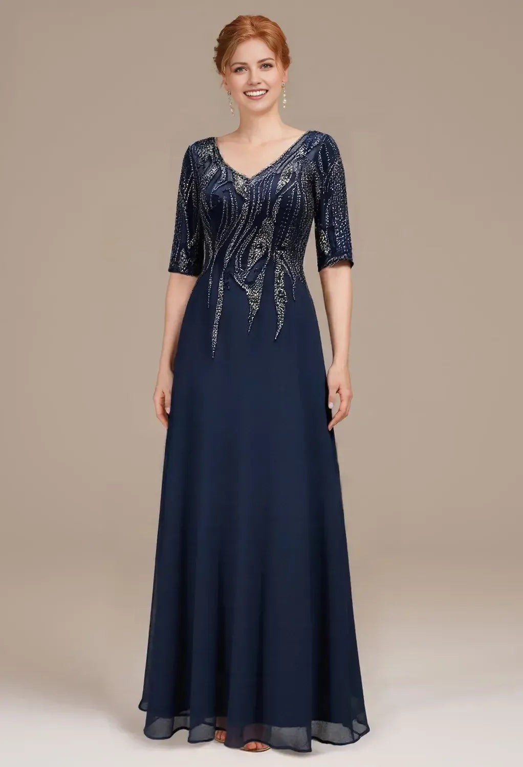 Glamorous A-Line Deep V Neck 3/4 Sleeves Zipper Back Floor-Length Mother Of The Bride Dresses