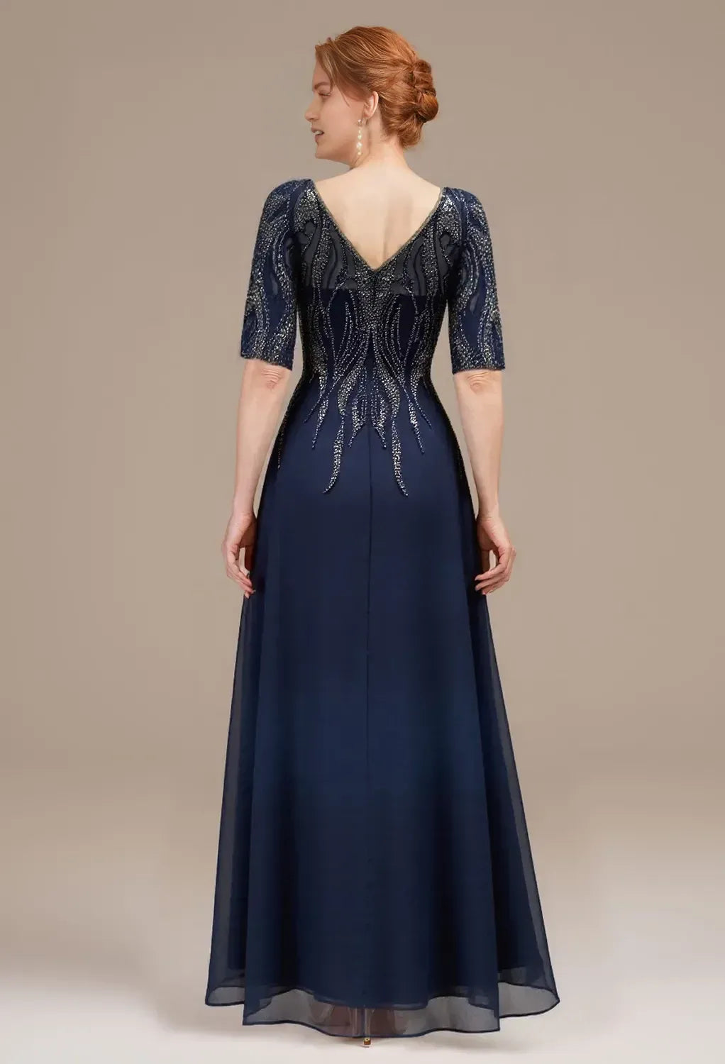 Glamorous A-Line Deep V Neck 3/4 Sleeves Zipper Back Floor-Length Mother Of The Bride Dresses