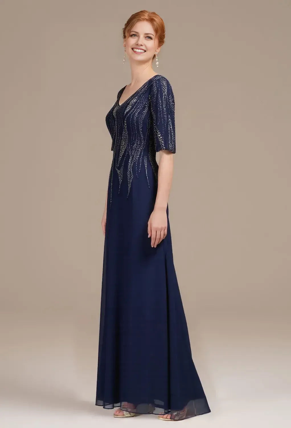 Glamorous A-Line Deep V Neck 3/4 Sleeves Zipper Back Floor-Length Mother Of The Bride Dresses