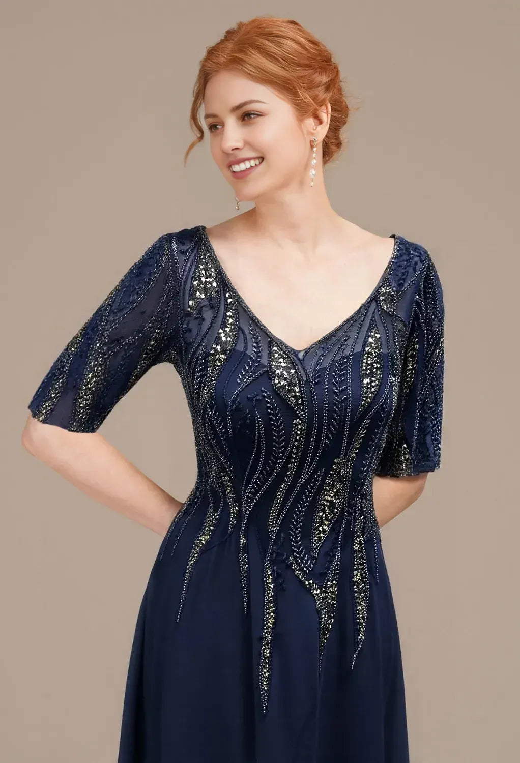 Glamorous A-Line Deep V Neck 3/4 Sleeves Zipper Back Floor-Length Mother Of The Bride Dresses