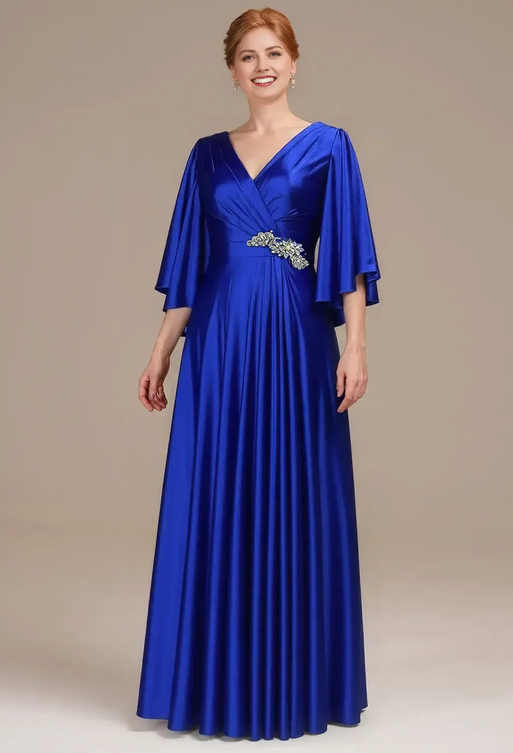Glamorous A-Line Deep V Neck Cape Sleeve Zipper Back Floor-Length Mother Of The Bride Dresses