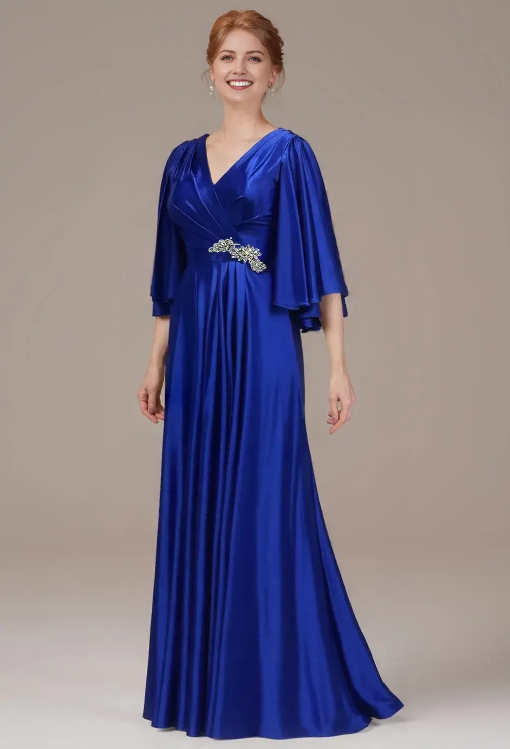Glamorous A-Line Deep V Neck Cape Sleeve Zipper Back Floor-Length Mother Of The Bride Dresses