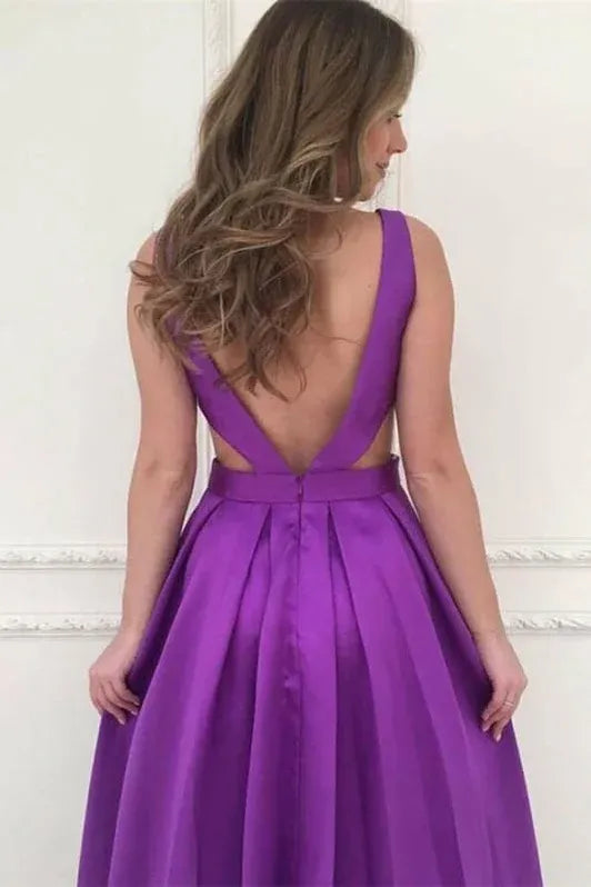 Glamorous A-Line Deep V Neck Cutout Purple Floor Length Prom Dress With Pocket