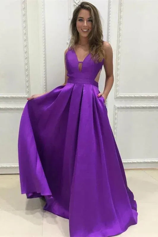 Glamorous A-Line Deep V Neck Cutout Purple Floor Length Prom Dress With Pocket