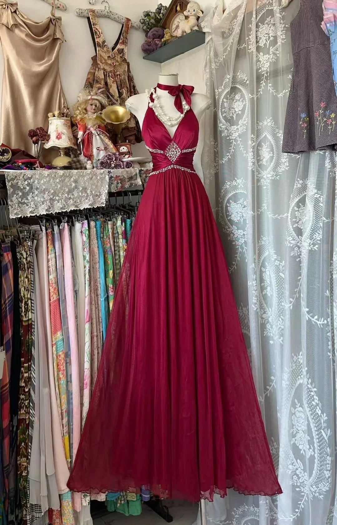 Glamorous A-Line Halter Neck Sleeveless Beaded Burgundy Maxi Prom Dress