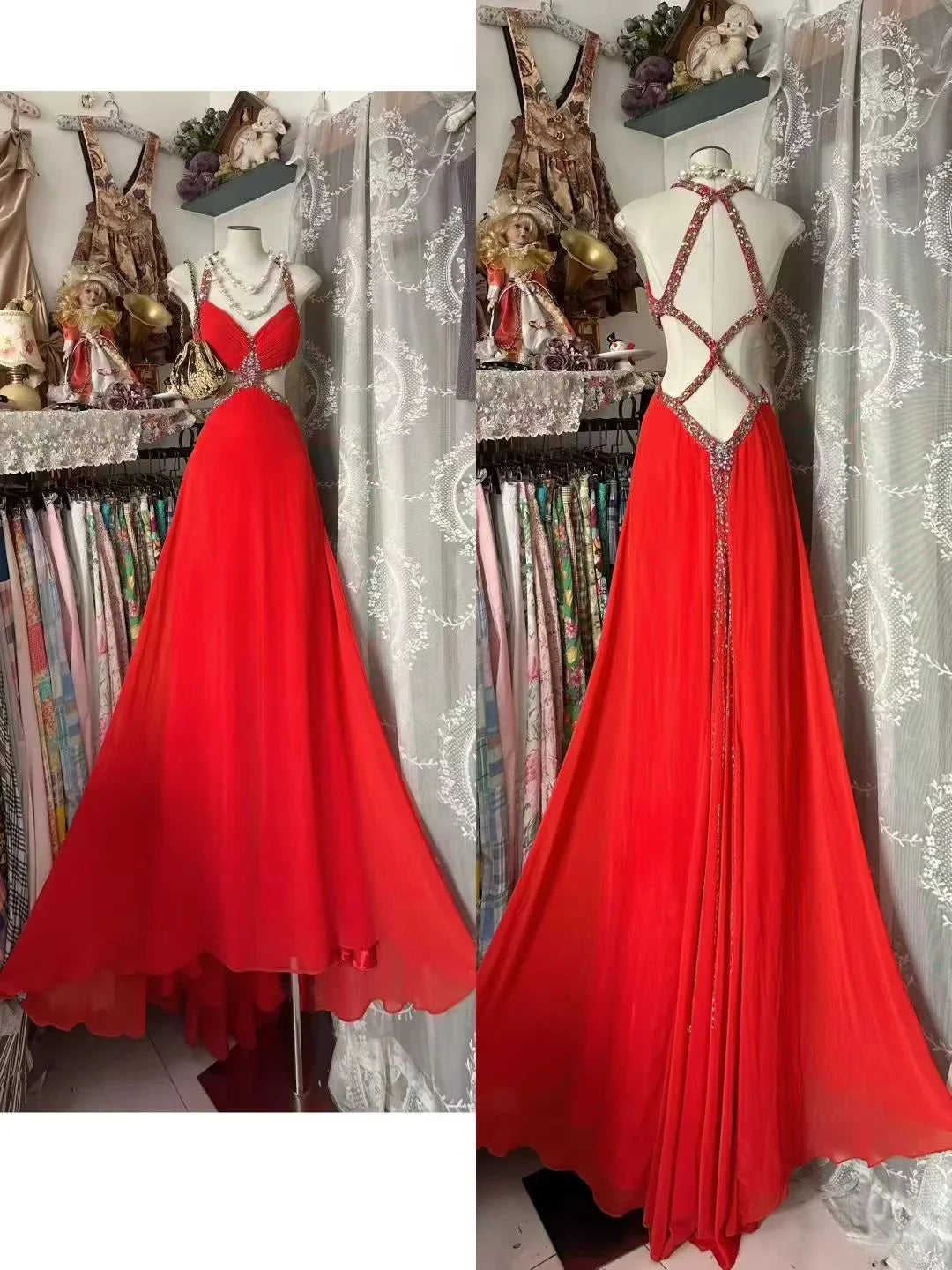 Glamorous A-Line Halter Neck Sleeveless Beaded Red Maxi Prom Dress