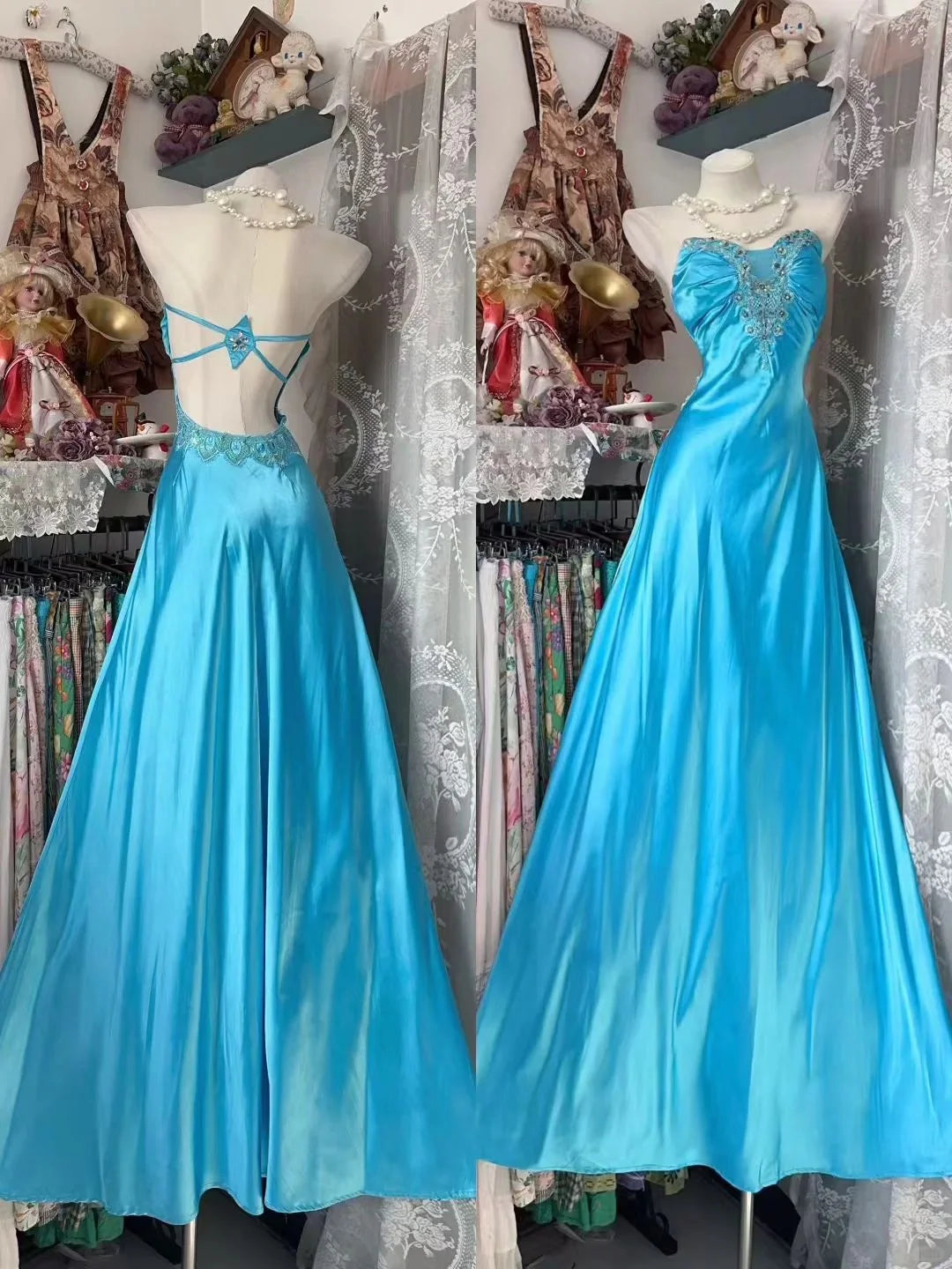 Glamorous A-Line Halter Neck Sleeveless Beaded Turquoise Maxi Prom Dress