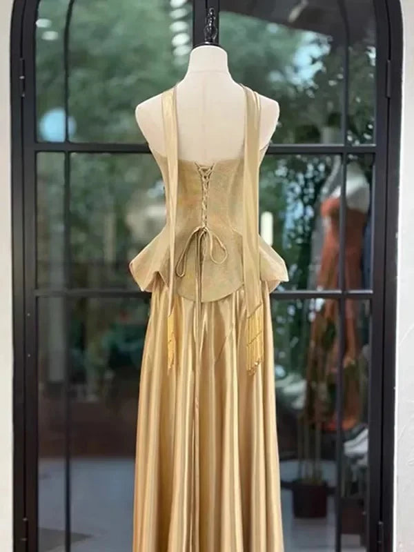 Glamorous A-Line Halter Neck Sleeveless Embroidered Gold Maxi Prom Dress