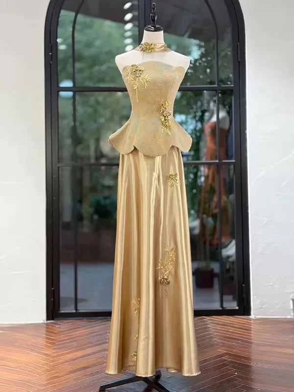 Glamorous A-Line Halter Neck Sleeveless Embroidered Gold Maxi Prom Dress