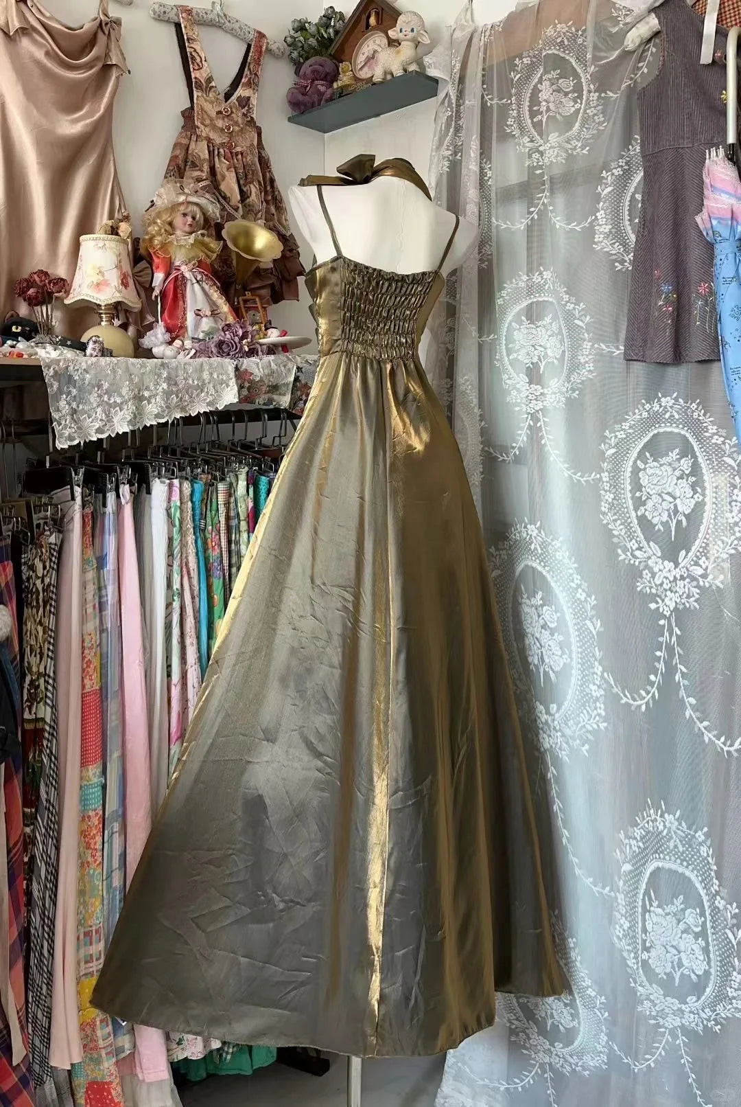 Glamorous A-Line Halter Neck Sleeveless Ruched Gold Maxi Prom Dress