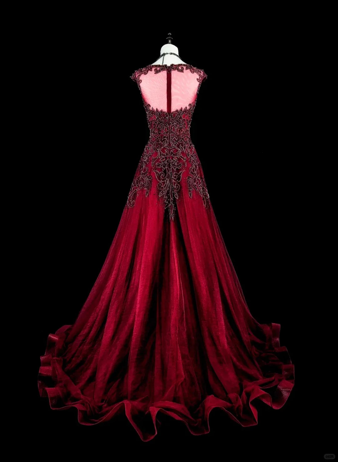 Glamorous A-Line Illusion Neck Cap Beaded Red Maxi Prom Dress