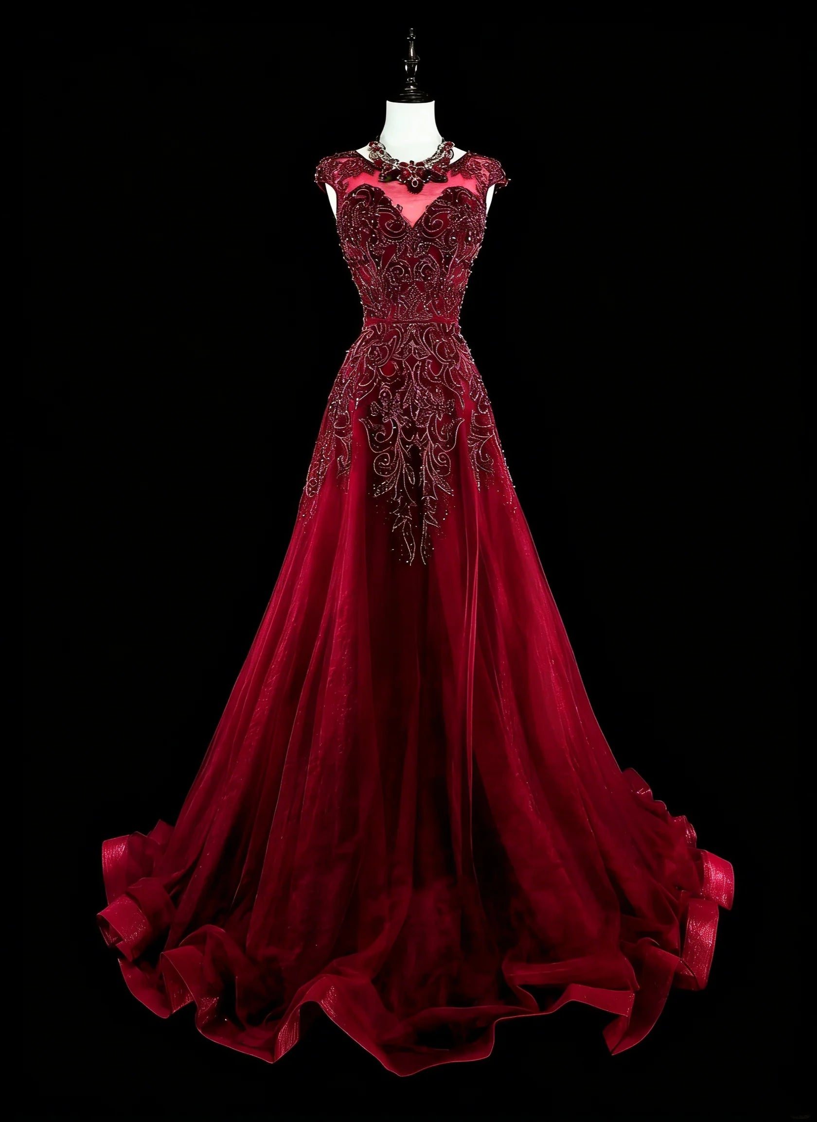 Glamorous A-Line Illusion Neck Cap Beaded Red Maxi Prom Dress