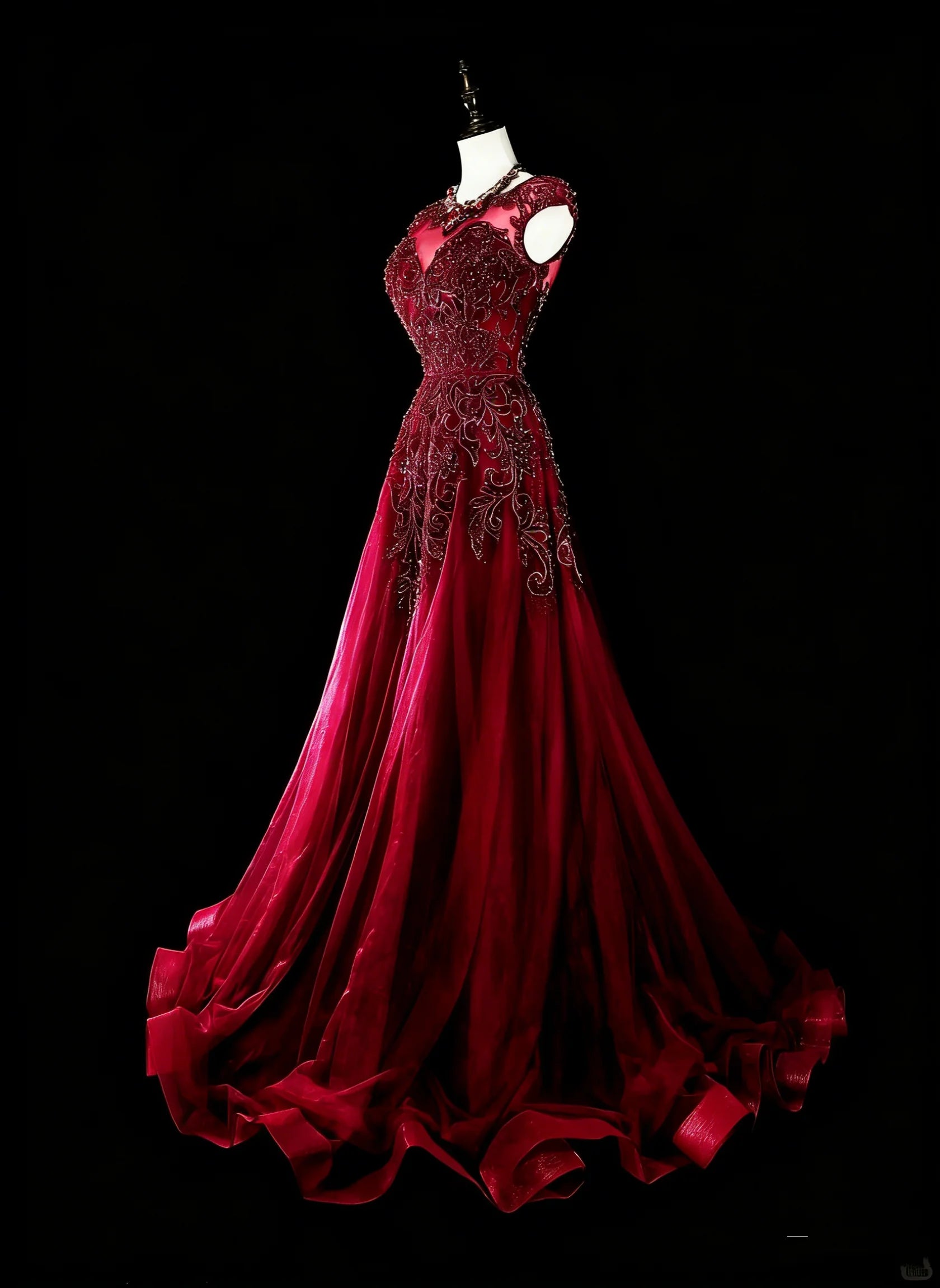 Glamorous A-Line Illusion Neck Cap Beaded Red Maxi Prom Dress