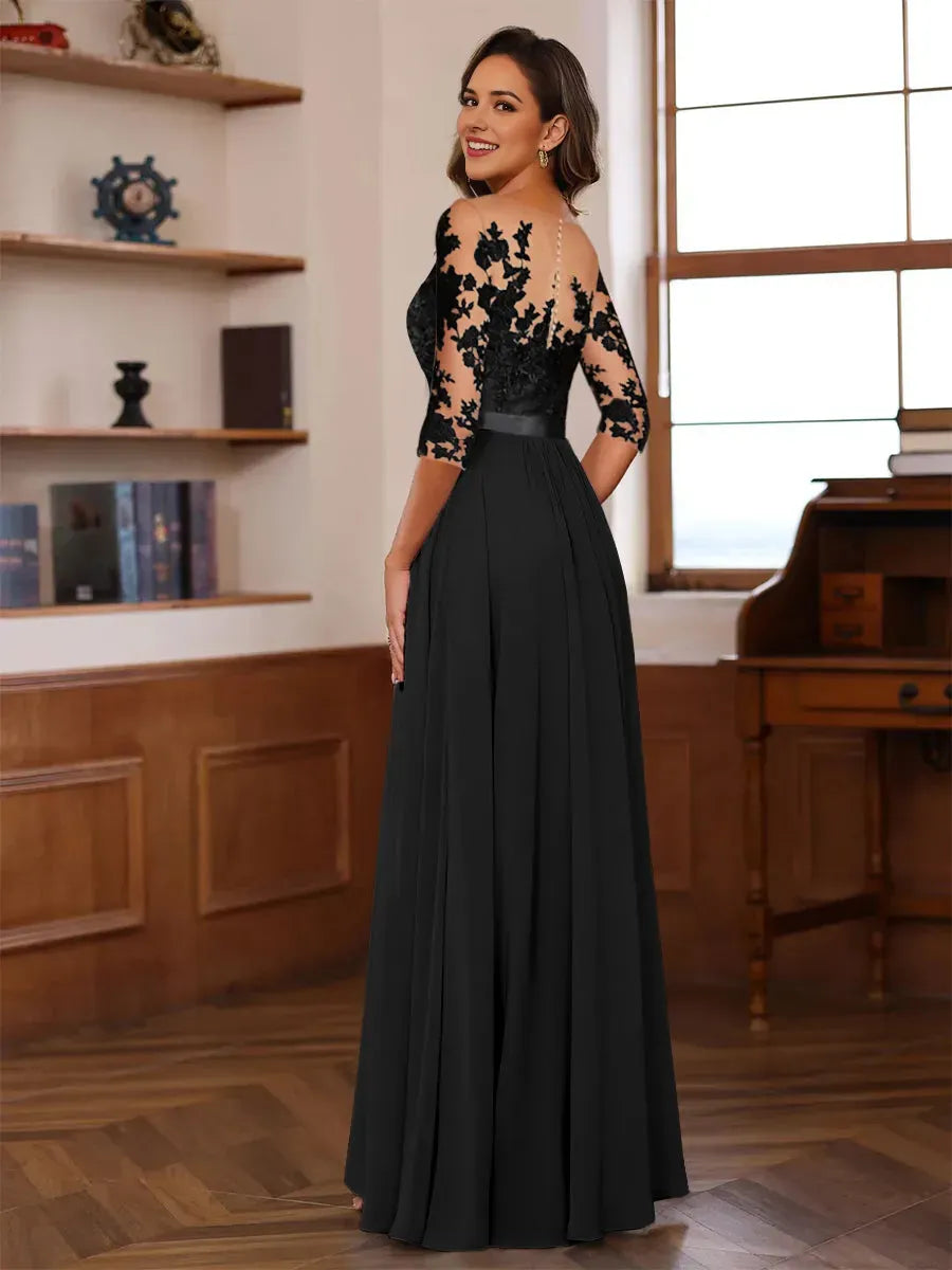 Glamorous A-Line Illusion Neck Lace 3/4 Sleeves Zip-Back Floor-Length Pleated Mother of the Bride Dresses with Ruffles Appliques