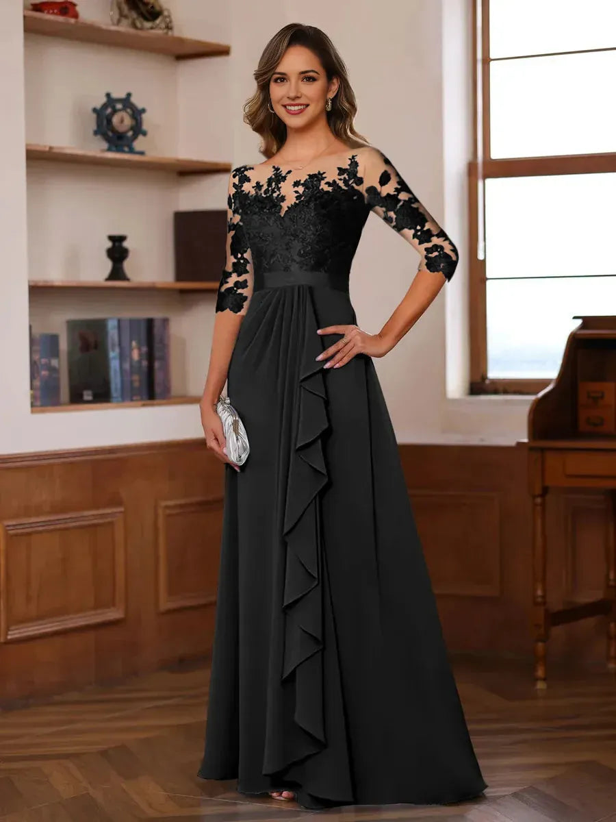 Glamorous A-Line Illusion Neck Lace 3/4 Sleeves Zip-Back Floor-Length Pleated Mother of the Bride Dresses with Ruffles Appliques