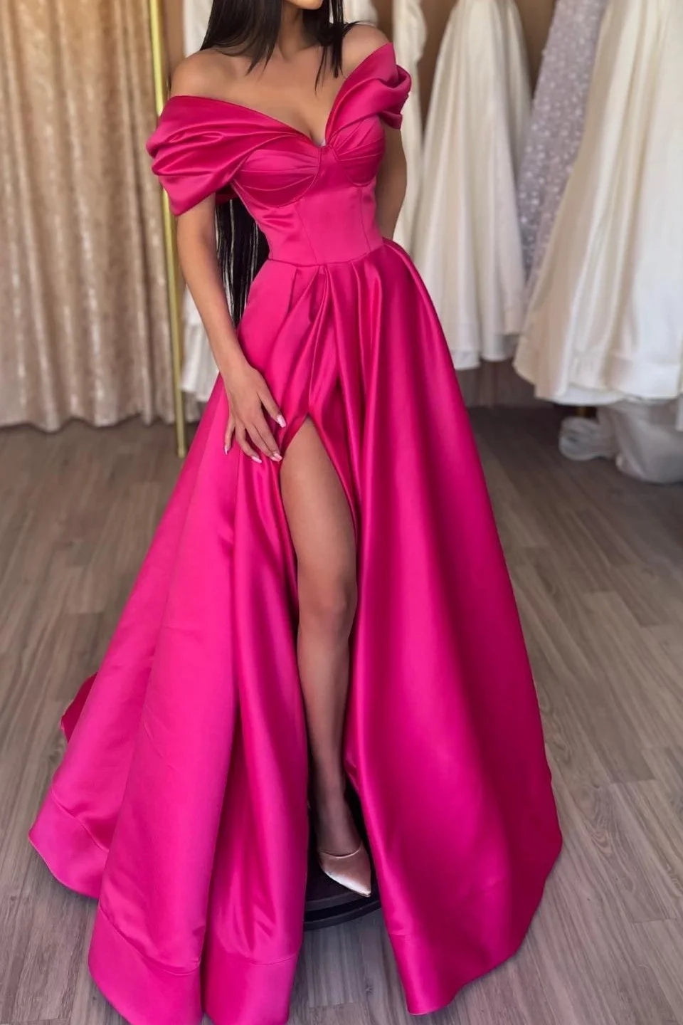 Glamorous A-Line Off-Shoulder Short Sleeve High Slit Maxi Party Dress