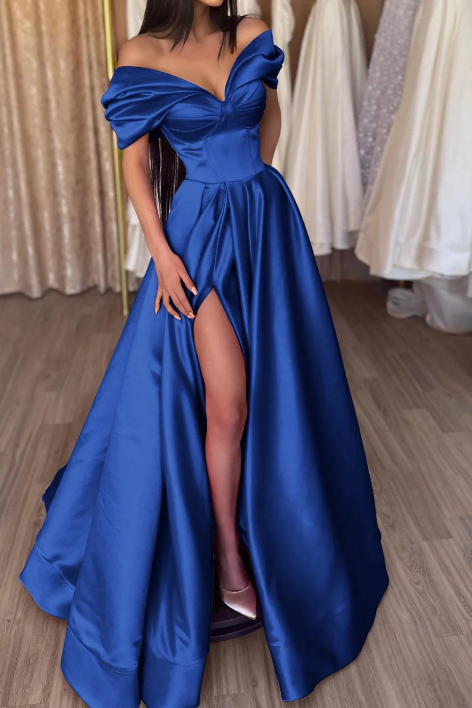 Glamorous A-Line Off-Shoulder Short Sleeve High Slit Maxi Party Dress
